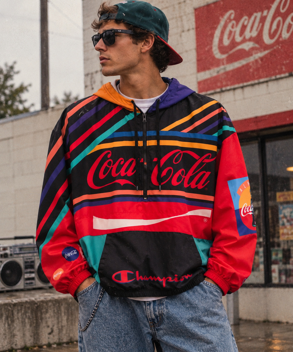 Champion Coca-Cola Hooded Windbreaker Men Medium Unisex Colorblock Patch Hype